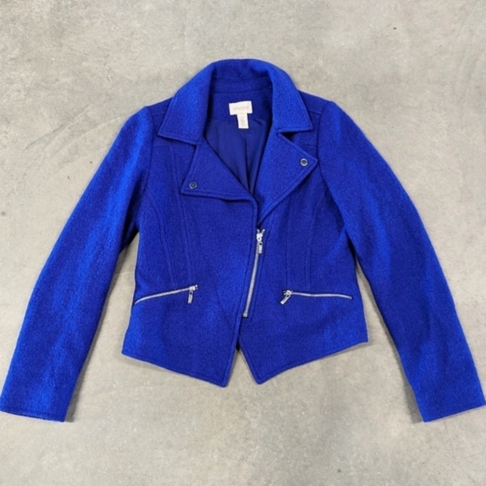 CHICOS Boiled 100% Wool Moto Jacket Lined Women's Size 3 Purple Twilight - Picture 5 of 11